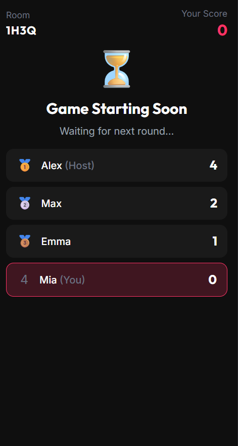 Live standings screen