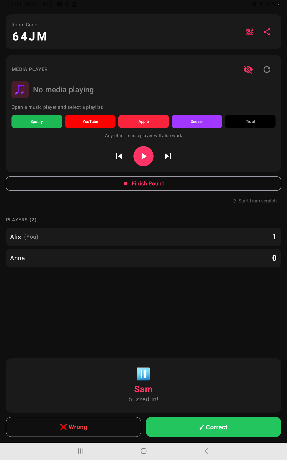 Host view showing music app buttons: Spotify, YouTube, Apple, Deezer, Tidal